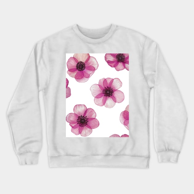 Transparent Pink Anemones watercolor print. Translucent Poppy flowers spring romantic composition Crewneck Sweatshirt by likapix